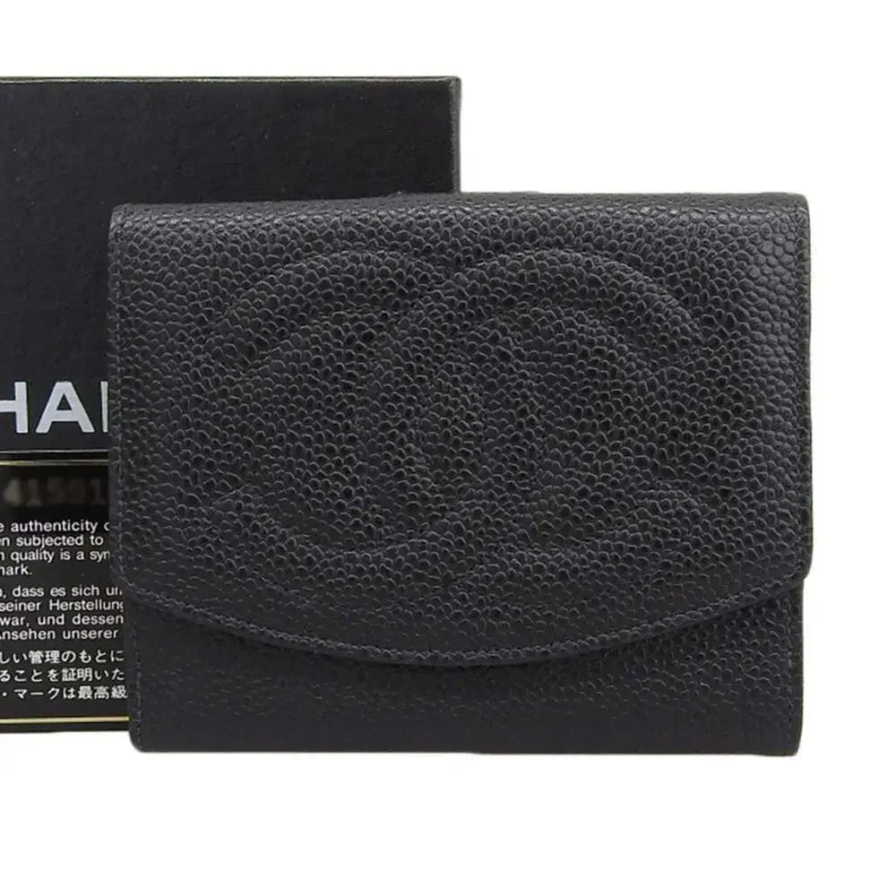 CHANEL Authentic Black Caviar Leather Logo Wallet